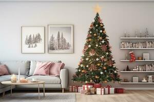 ai genererad levande rum dekorerad för jul med träd, gåvor, väggar, affischer, duk, full skärm mockup, måla, ramar. förbi generativ ai foto