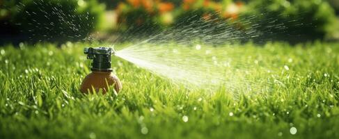 ai genererad automatisk trädgård gräsmatta sprinkler i verkan vattning gräs. ai genererad foto