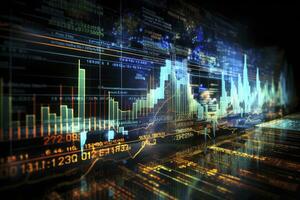 ai genererad digitalt genererad valuta och utbyta stock Diagram för finansiera och ekonomi baserad dator programvara och kodning visa. ai genererad foto