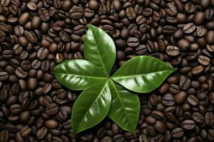 ai genererad grön löv med kaffe bönor som bakgrund. ai genererad foto