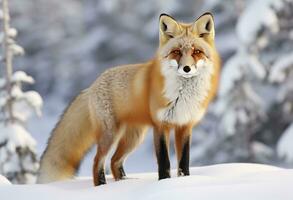 ai genererad röd räv stående på snö. ai genererad. foto