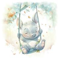 ai genererad söt Lycklig bebis noshörning på gungor i de träd i vattenfärg stil. ai genererad foto