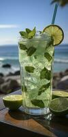 ai genererad fantastisk Foto av cocktail mojito, en solig sommar strand i de bakgrund. generativ ai