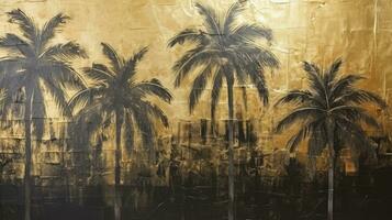 ai genererad tropisk överflöd abstrakt texturerad teckning av en årgång skuggad guld och svart olja målning, terar en mönstrad landskap av en tropisk skog med handflatan träd. en slående konstverk foto