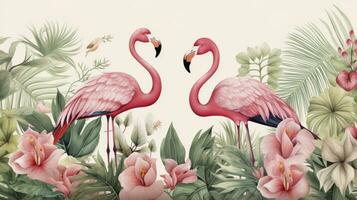 ai genererad tapet djungel och löv tropisk skog mural flamingo och fåglar gammal teckning årgång bakgrund foto