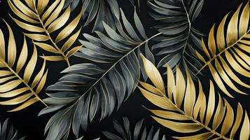 ai genererad vattenfärg tropisk blad guld och svart mönster tapet med en svart bakgrund foto