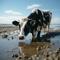 ai genererad tjur förbi strand realistisk Foto, dricka vatten, svart och vit ko med glas generativ ai foto