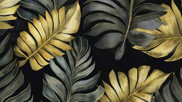 ai genererad vattenfärg tropisk blad guld och svart mönster tapet med en svart bakgrund foto