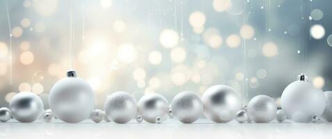 ai genererad vit och silver- jul bollar och lampor foto