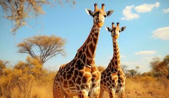 ai genererad två giraffer i ett torr vildmark foto