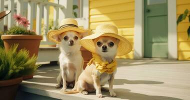 ai genererad två chihuahua djur är bär hattar på de främre veranda foto