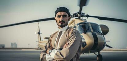 ai genererad de man, bär ett uae enhetlig, utseende på de helikopter foto