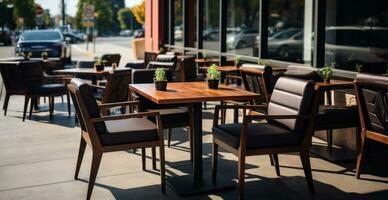 ai genererad tabell och stolar för en restaurang i en parkering massa foto