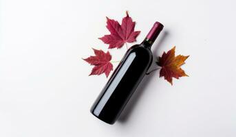 ai genererad röd vin flaska med höst löv på en vit bakgrund foto