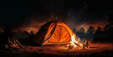 ai genererad camping tält med brand grop i sommar foto