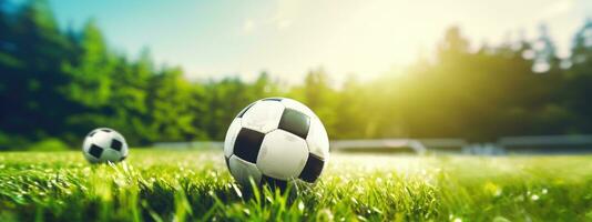 ai genererad en fotboll boll på de gräs i främre av en mål foto