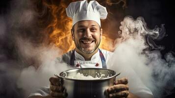 ai genererad en kock innehav en ångande pott av soppa, med ånga stigande runt om hans ansikte foto