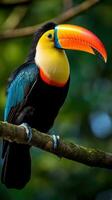 ai genererad en fantastisk närbild av en briljant färgad toucan uppflugen på en träd gren foto