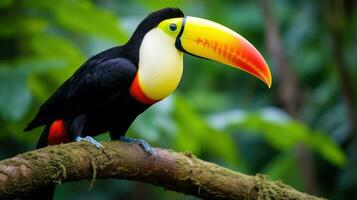 ai genererad en fantastisk närbild av en briljant färgad toucan uppflugen på en träd gren foto