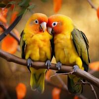 ai genererad en par av älskar fåglar Sammanträde tillsammans på en gren, deras ljus orange och gul fjädrar foto