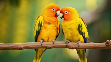 ai genererad en par av älskar fåglar Sammanträde tillsammans på en gren, deras ljus orange och gul fjädrar foto