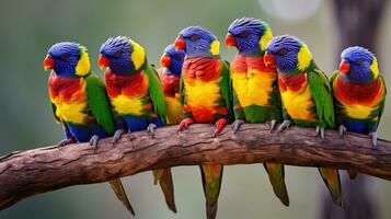 ai genererad en grupp av ljust färgad lorikeets uppflugen på en träd gren foto