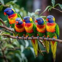 ai genererad en grupp av ljust färgad lorikeets uppflugen på en träd gren foto