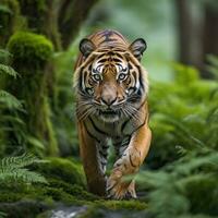 ai genererad en majestätisk bengal tiger, med dess slående orange och svart täcka foto
