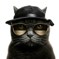ai genererad rolig svart katt med solglasögon och keps isolerat på vit bakgrund. foto