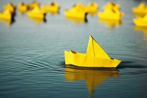 ai genererad gul papper båt på vatten sjö. generera ai foto