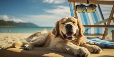 ai genererad gyllene retriever hund är på sommar semester på havet tillflykt och avkopplande resten på sommar strand av hawaii. ai generativ foto