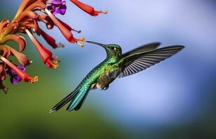 ai genererad kolibri fågel flygande Nästa till en skön röd blomma med regn. ai genererad foto