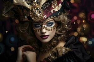 ai genererad en ung kvinna Utsmyckad i en karneval mask mot en festlig karneval bakgrund. foto