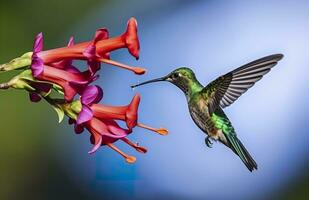 ai genererad kolibri fågel flygande Nästa till en skön röd blomma med regn. ai genererad foto