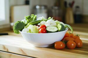 ai genererad kök fortfarande liv med vit skål av tvättades grönsaker på trä- skrivbord. ai genererad foto