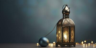 ai genererad firande av islamic eid mubarak och eid al Adha lykta i en ljus bakgrund. ai genererad foto