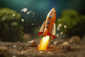 ai genererad leksak raket tar av företag och finanser Framgång begrepp. ai generativ foto