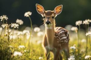 ai genererad kvinna rom rådjur med skön blomma. ai genererad foto