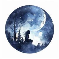 ai genererad skog måne silhuett med fe- lysande i de natt himmel på en vit bakgrund. ai genererad foto