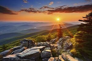 ai genererad solnedgång på stenig man berg. ai genererad foto