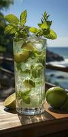 ai genererad fantastisk Foto av cocktail mojito, en solig sommar strand i de bakgrund. generativ ai