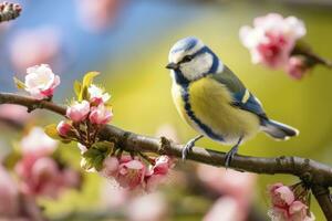 ai genererad en bluetit fågel vilar på de gren av en träd. ai genererad. foto