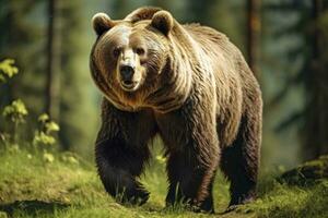 ai genererad brun Björn rör på sig på de grön äng i springtime natur. ai genererad foto