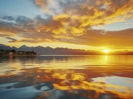 ai genererad ljus solnedgång över sjö gyllene moln reflektera i de vatten. ai genererad. foto