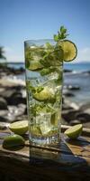 ai genererad fantastisk Foto av cocktail mojito, en solig sommar strand i de bakgrund. generativ ai