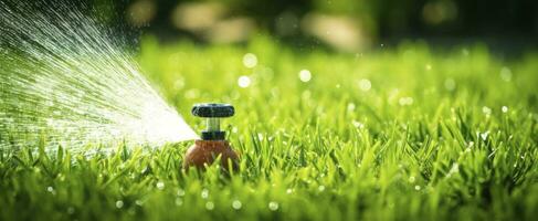 ai genererad automatisk trädgård gräsmatta sprinkler i verkan vattning gräs. ai genererad foto