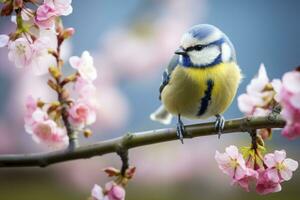 ai genererad en bluetit fågel vilar på de gren av en träd. ai genererad. foto