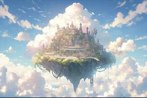 ai genererad gammal himmelskt flytande ö i de himmel med en slott, vibrerande, fantasypunk, ai generativ foto