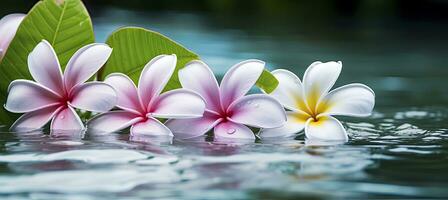 ai genererad plumeria blommor på grön blad flytande på vatten. en fredlig och lugn scen med en Rör av natur och skönhet. ai genererad foto