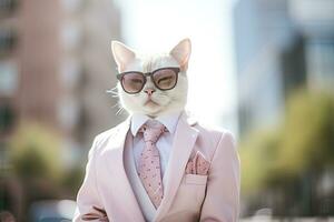 en katt är bär solglasögon, kostym och stående på gata. ai genererad foto